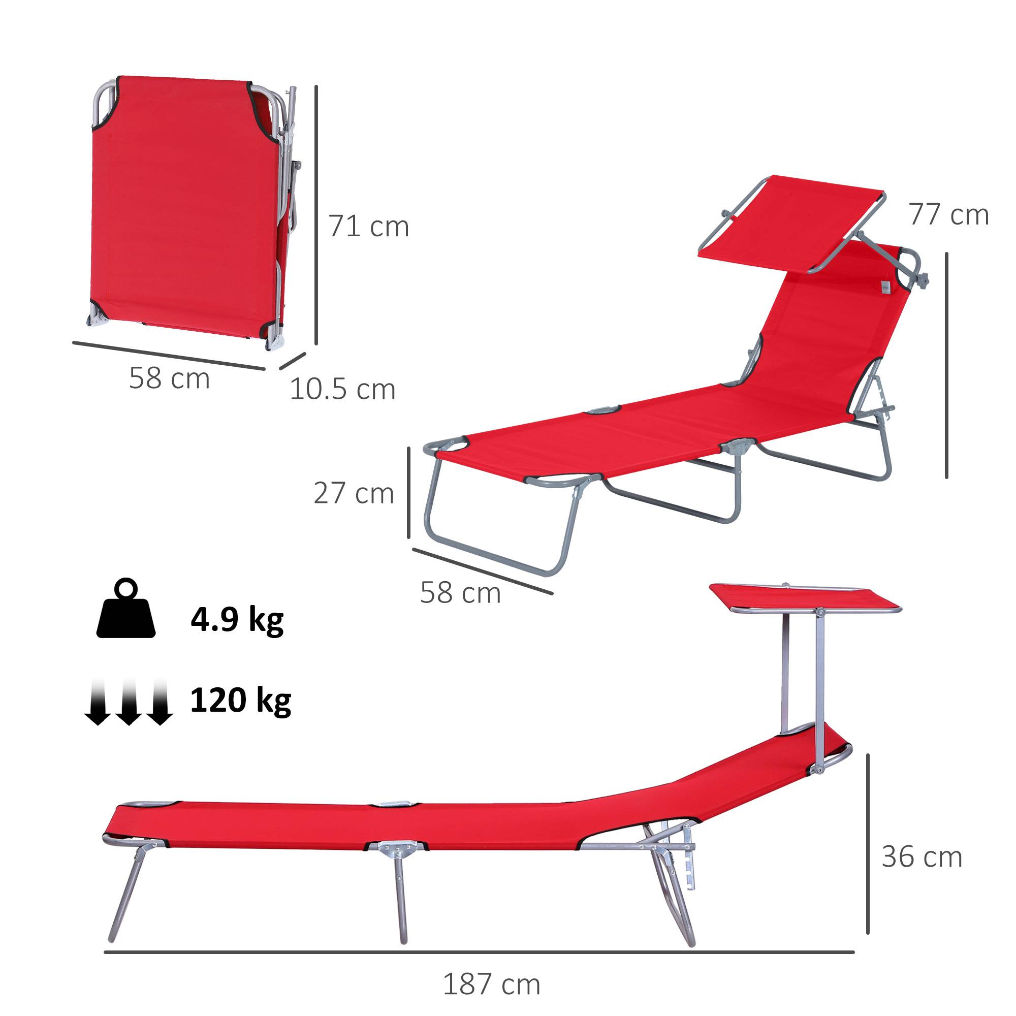 Chaise longue jardin pliante rouge auvent réglable et dossier inclinable 4 positions, transat pare-soleil - Image 5