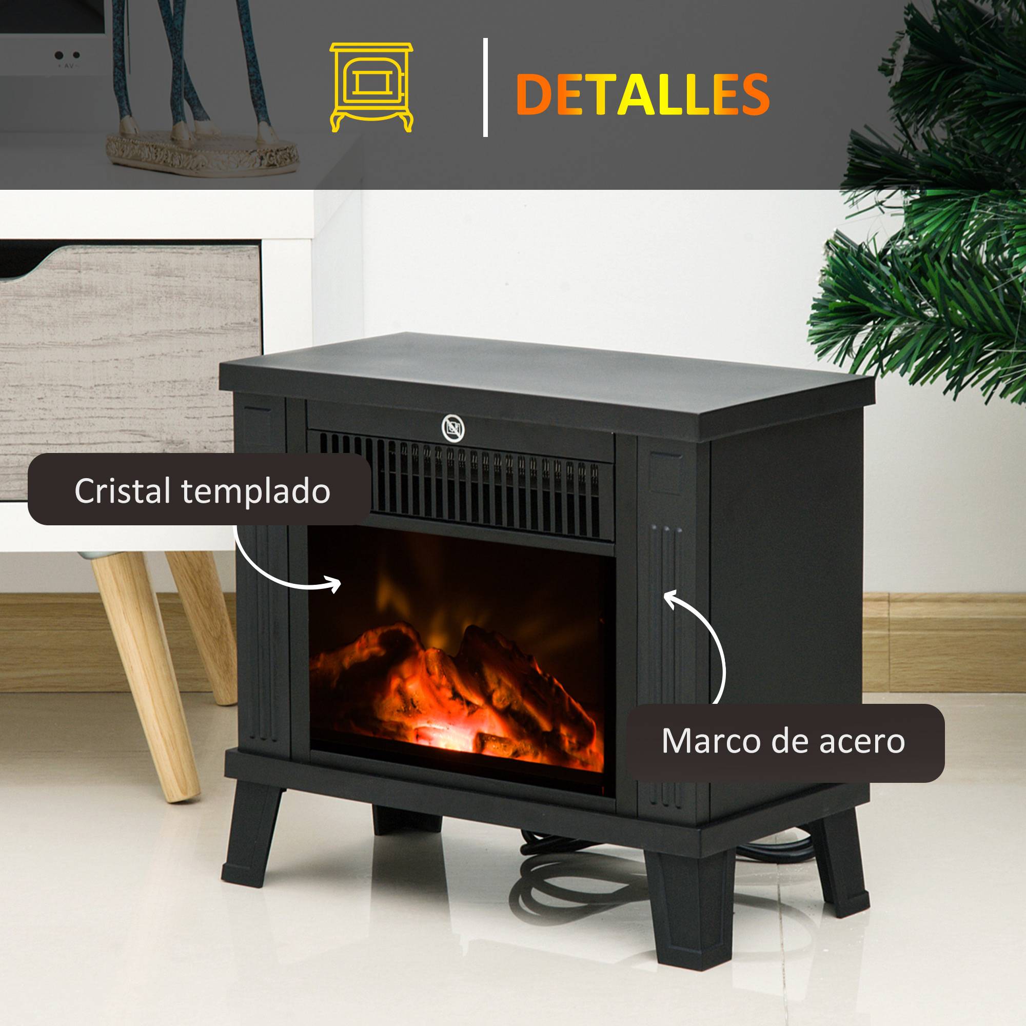 Cheminée décorative avec effet de flamme et protection anti-surchauffe pour pièces 13-18 m² 34x17x31 cm noir - Image 8
