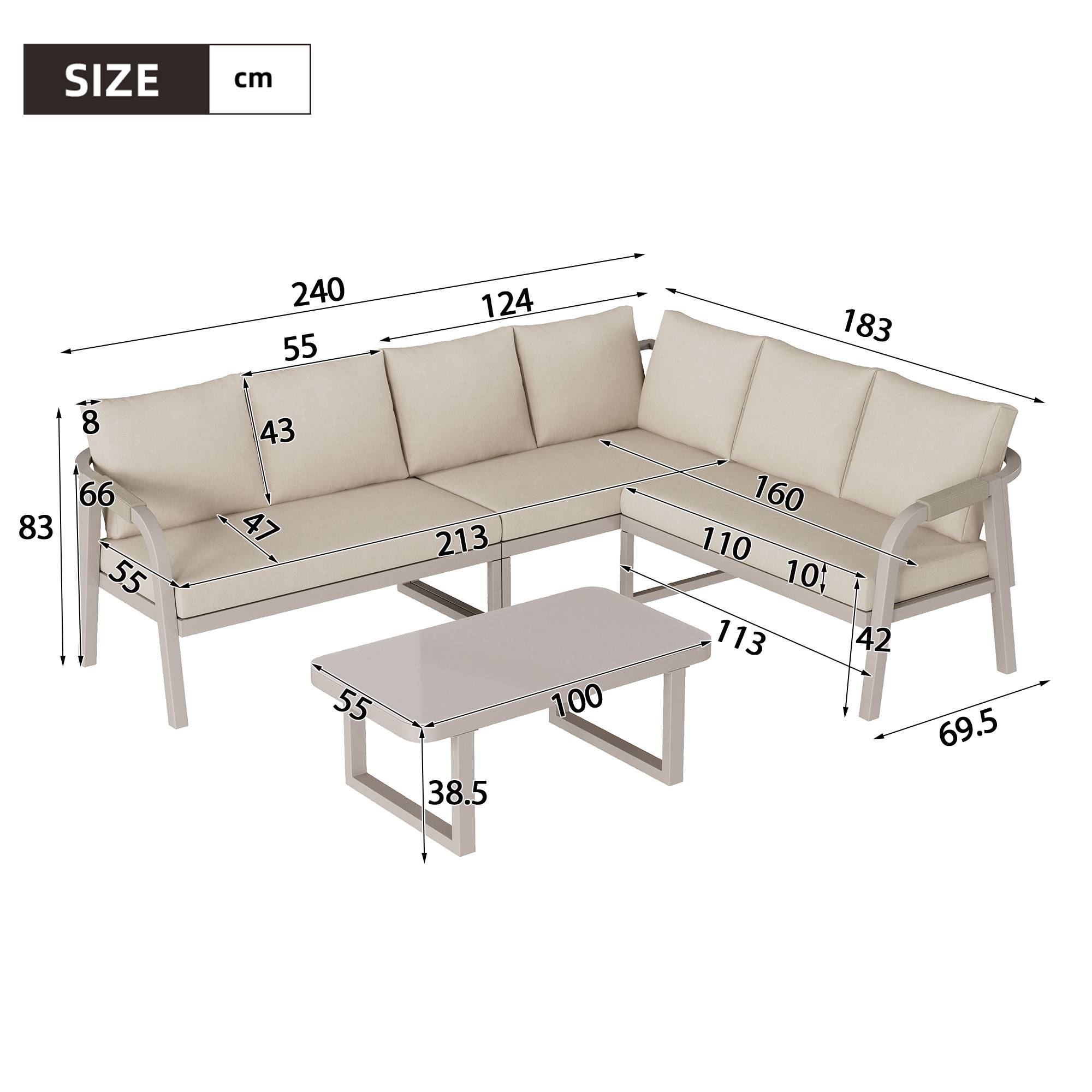 Salon de jardin d'angle acier corde tressée 6 places extérieur table basse 240cm beige - ComfortXL Outdoor Living - Image 3
