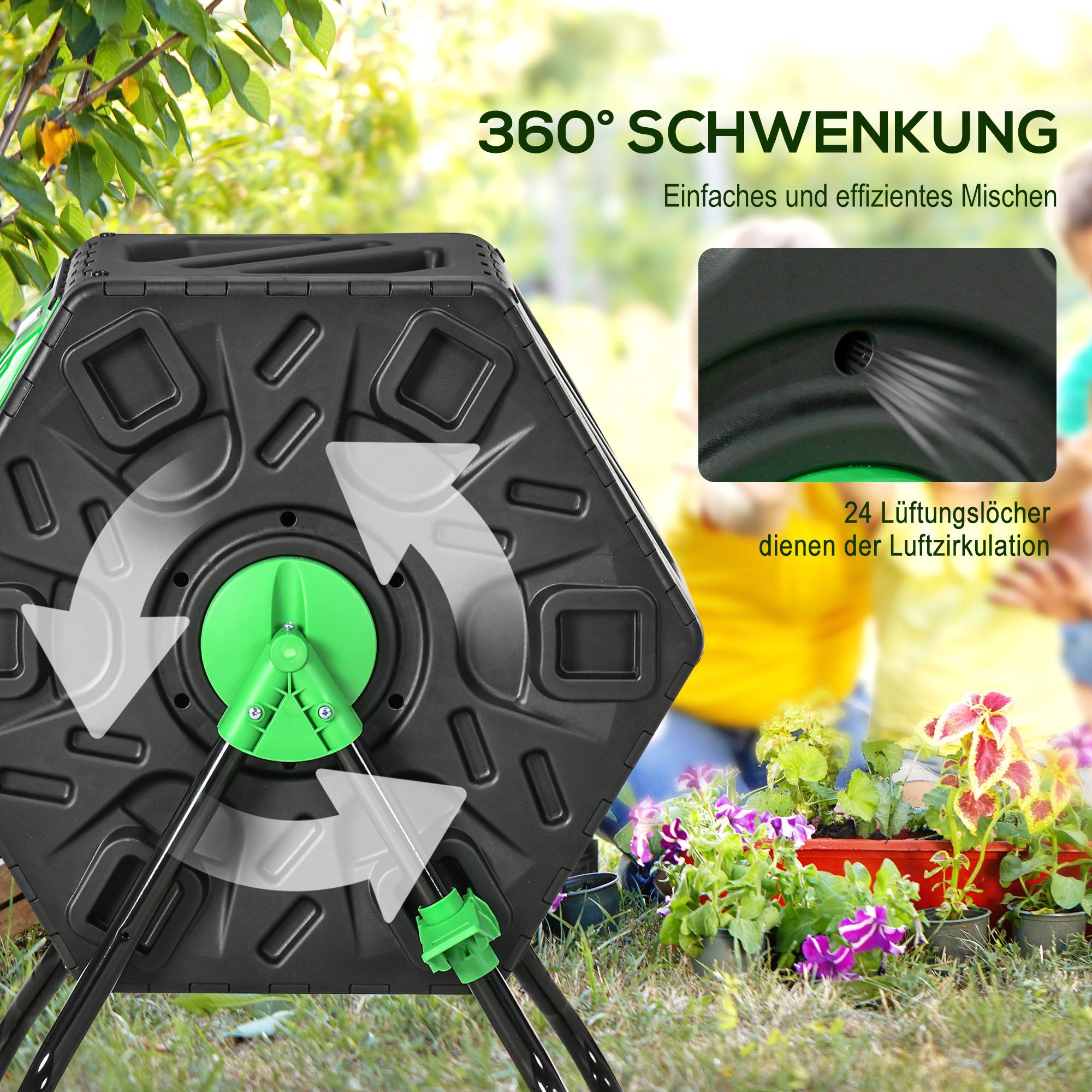 ComfortXL - Composteur rotatif acier et plastique 65 L vert et noir pour jardin avec 24 aérations et mélange 360° - Image 5