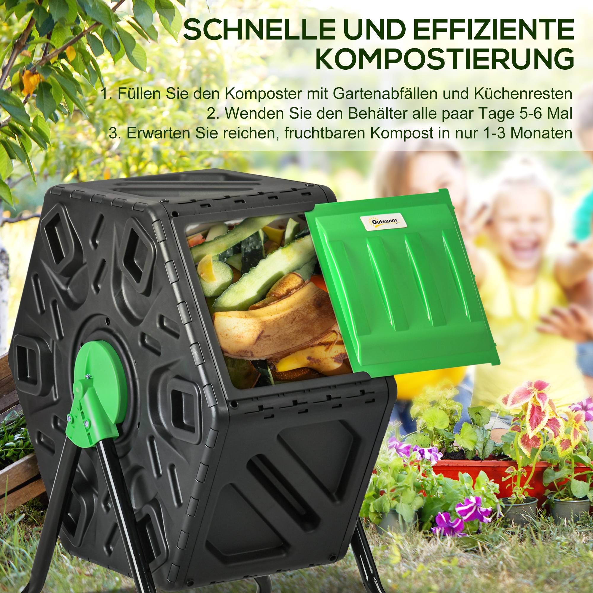 ComfortXL - Composteur rotatif acier et plastique 65 L vert et noir pour jardin avec 24 aérations et mélange 360° - Image 4