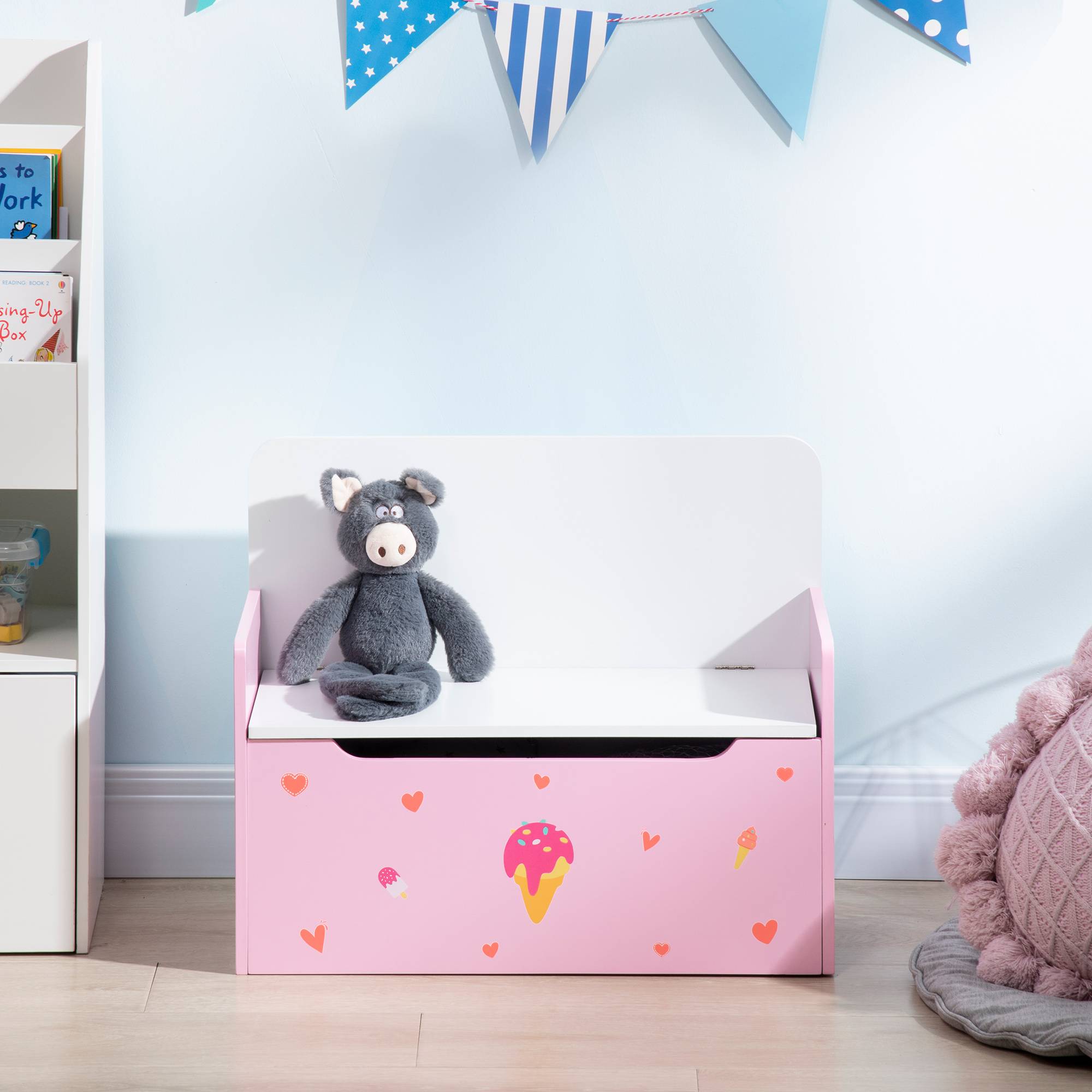 Banc enfant 2 en 1 avec coffre de rangement intégré, pour enfants de plus de 18 mois, charge maximale 50 kg, 60 x 30 x 50 cm, rose - Image 9