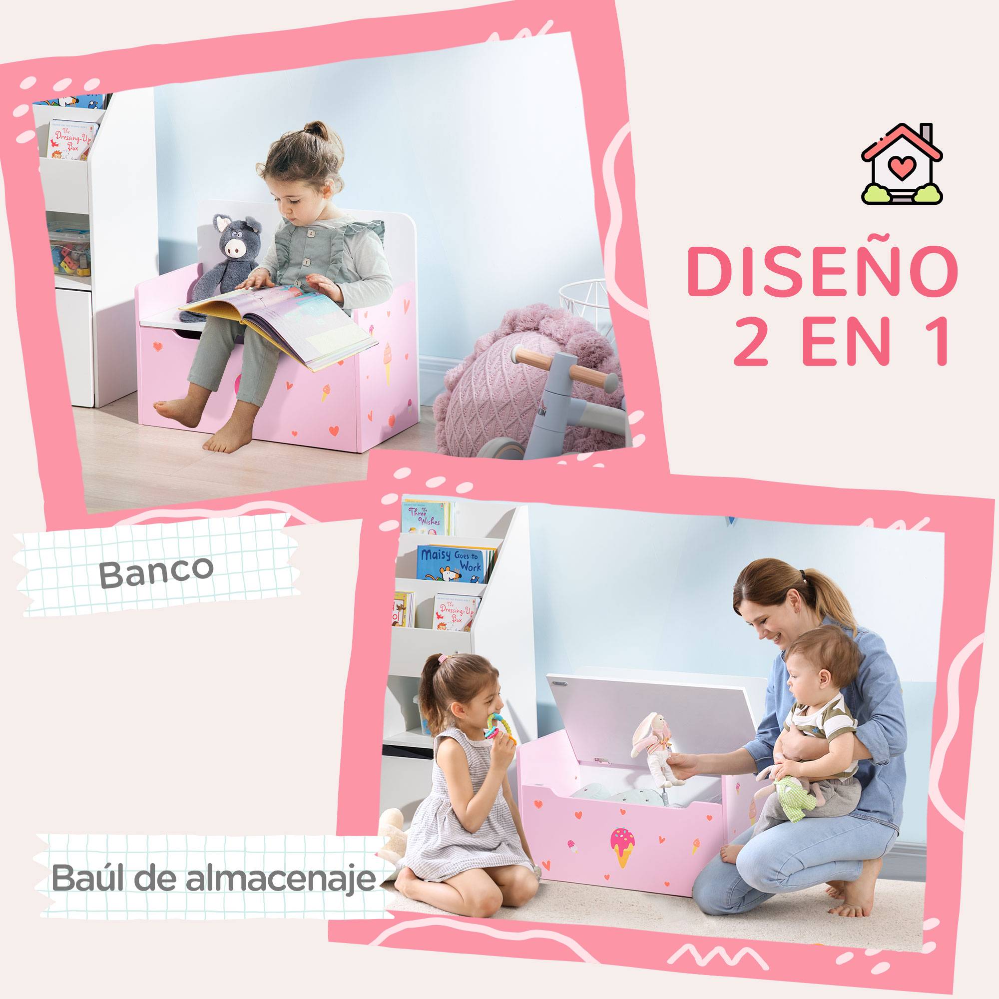 Banc enfant 2 en 1 avec coffre de rangement intégré, pour enfants de plus de 18 mois, charge maximale 50 kg, 60 x 30 x 50 cm, rose - Image 6