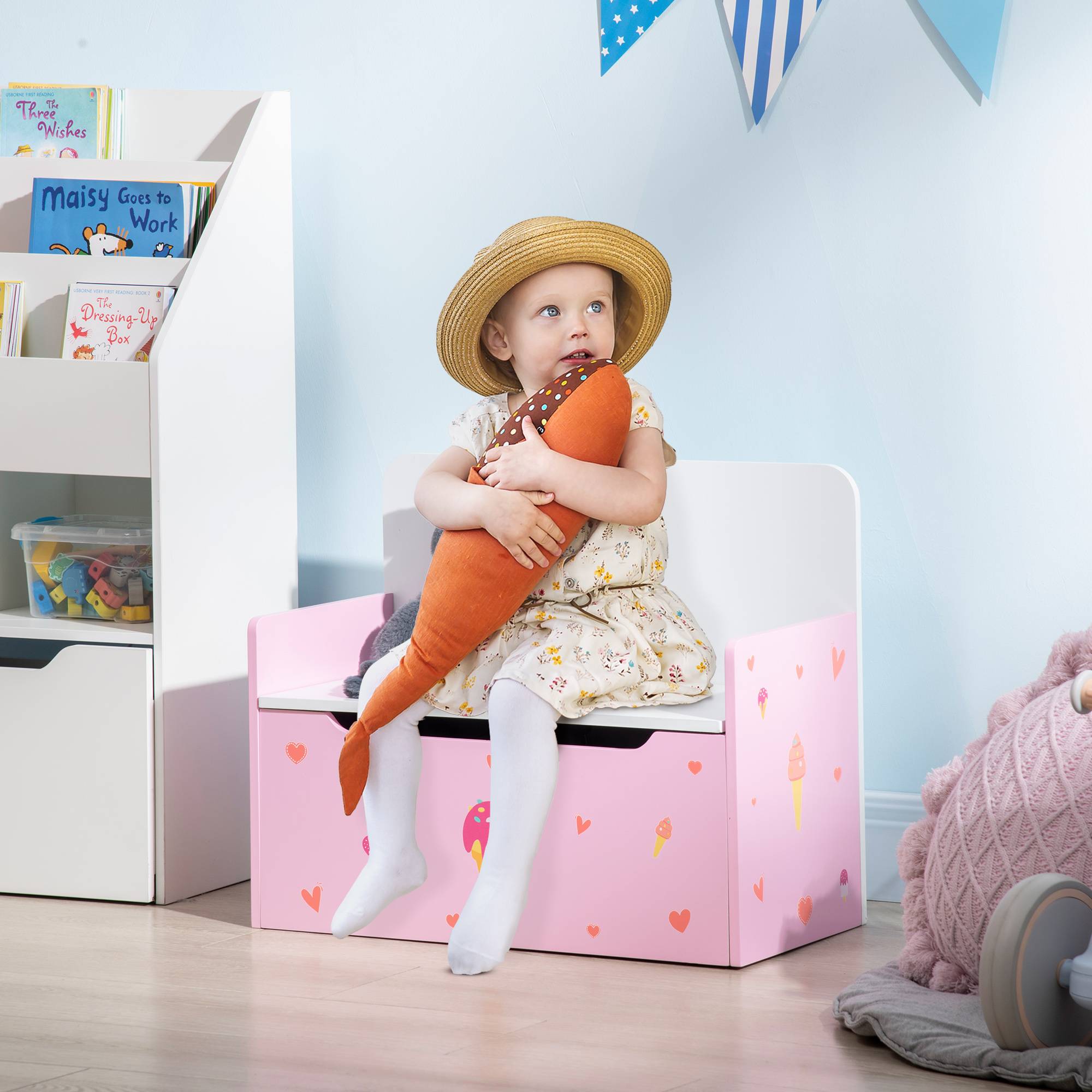 Banc enfant 2 en 1 avec coffre de rangement intégré, pour enfants de plus de 18 mois, charge maximale 50 kg, 60 x 30 x 50 cm, rose - Image 4