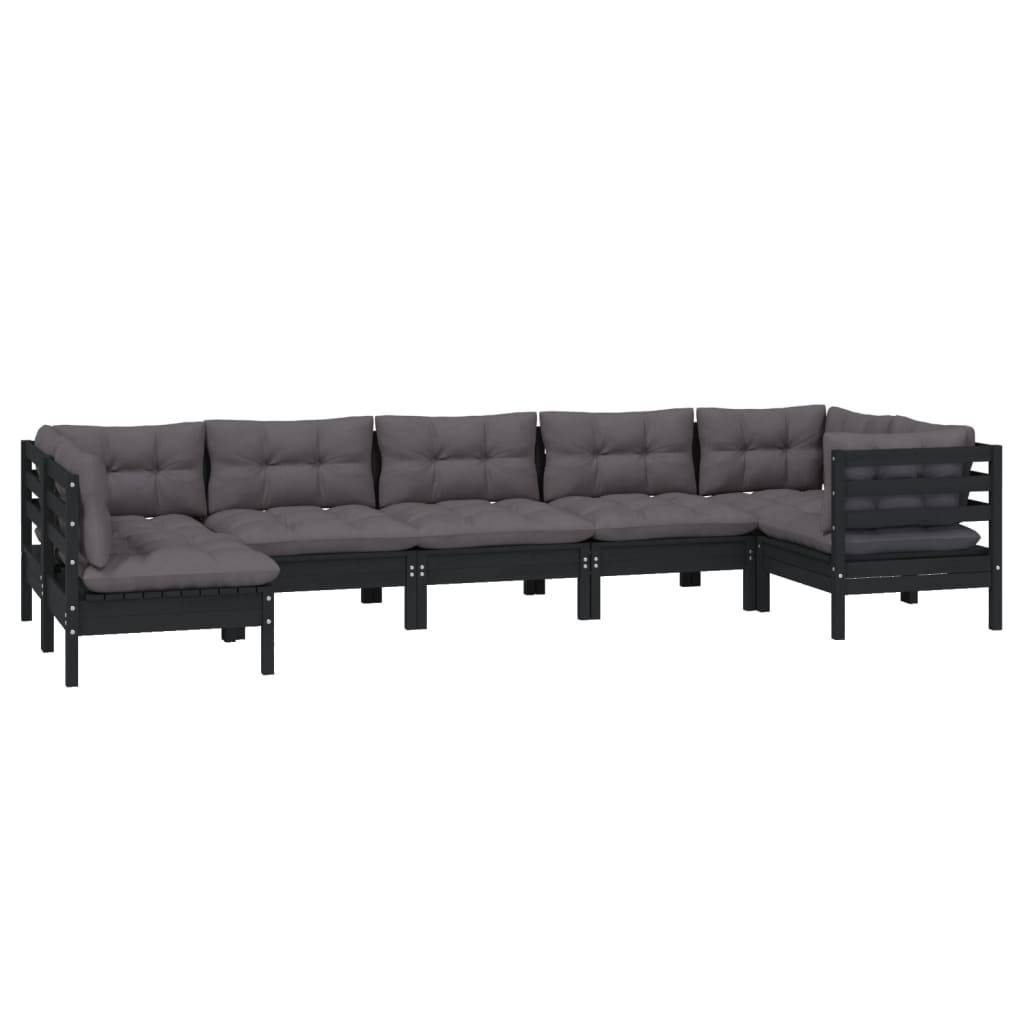 Helloshop26 - Salon de jardin meuble d'extérieur ensemble de mobilier 7 pièces avec coussins noir bois de pin