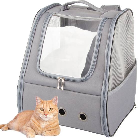 Sac de transport sac à dos pour chat chien lapin fenêtre dos ventilé gris - Image 1