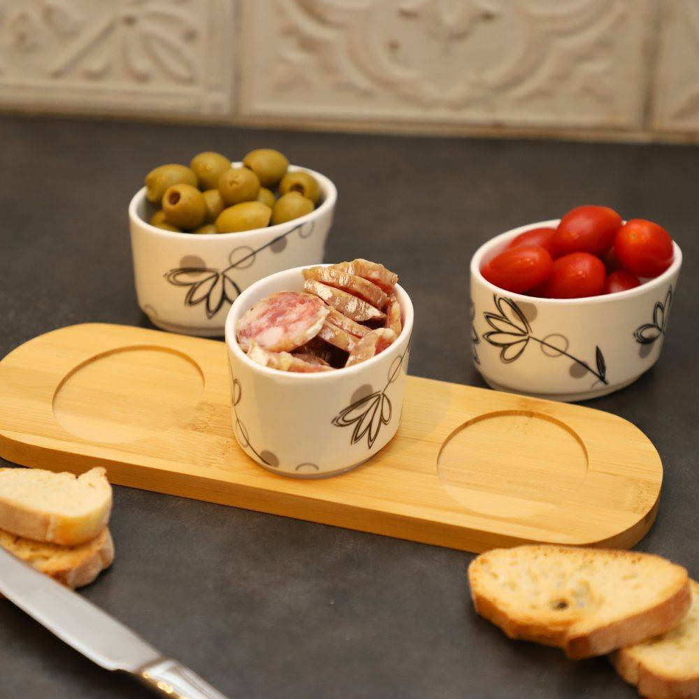 ~ Set apéritif tapas 3 verrines en bambou et céramique blanc et marron 33.5 x 10 cm Chemin de campagne - Imagen 4