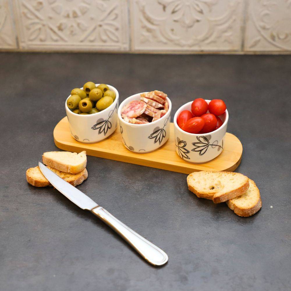 ~ Set apéritif tapas 3 verrines en bambou et céramique blanc et marron 33.5 x 10 cm Chemin de campagne - Imagen 3