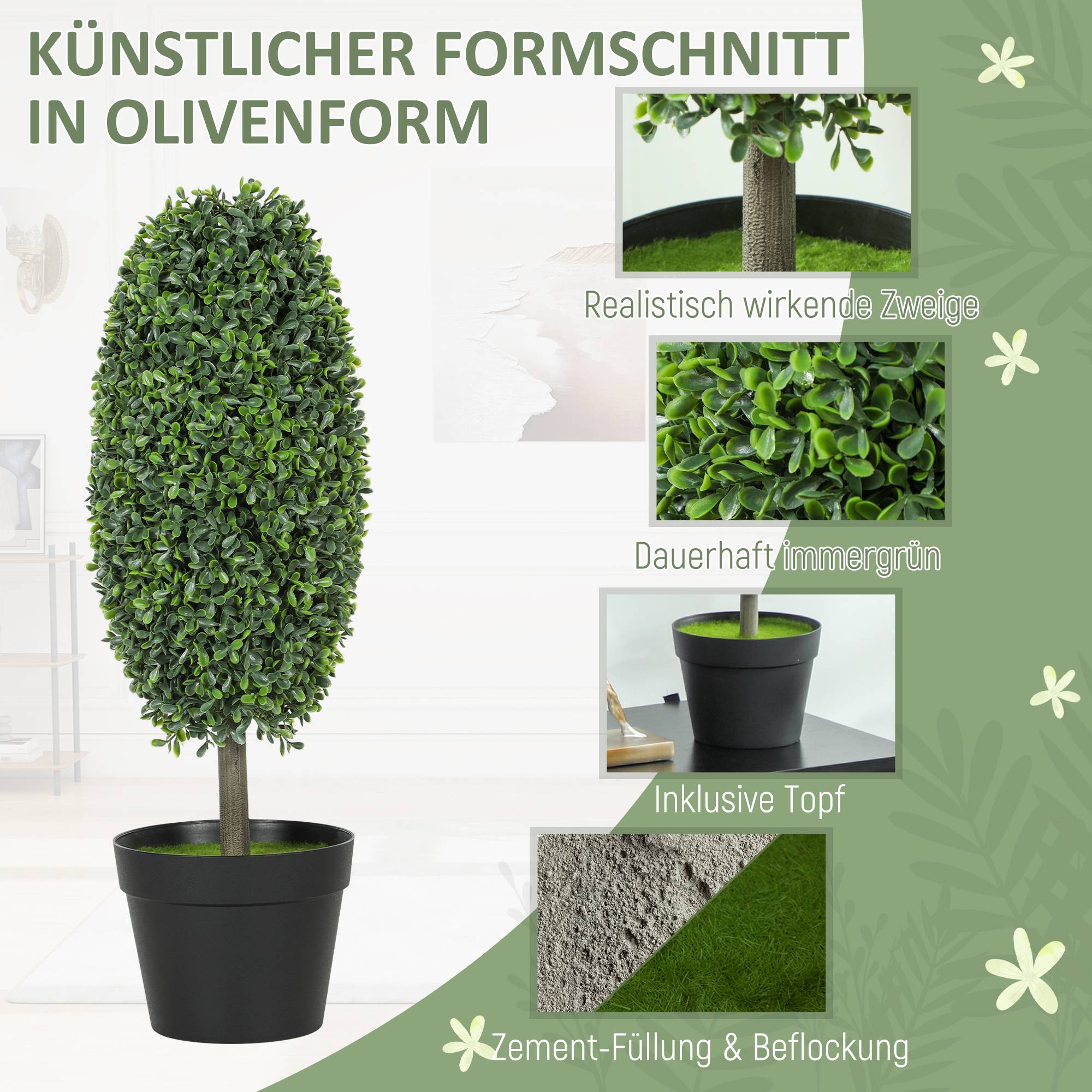 Lot de 2 plantes artificielles, arbres en pot résistants UV, plastique, ciment, vert - Image 6