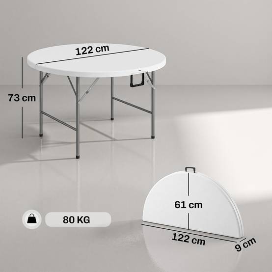 Sans Marque - Table pliante de jardin et de camping, en acier et PEHD, Ø 122 x 73 cm, grise et blanche - Image 5