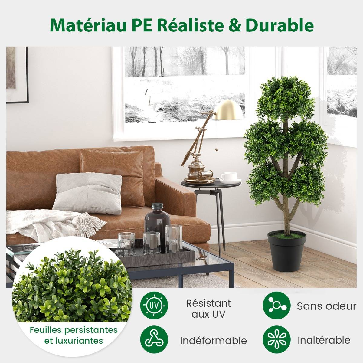 Arbre Topiaire en Buis Artificiel de 115 Cm Faux Arbre Topiaire à 5 Boules Dans un Pot Lesté Rempli de Ciment Faux Arbre Décoratif D'intérieur Vert - Image 7