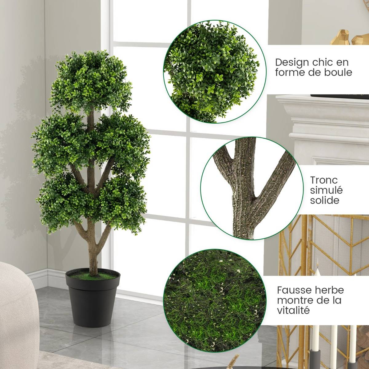 Arbre Topiaire en Buis Artificiel de 115 Cm Faux Arbre Topiaire à 5 Boules Dans un Pot Lesté Rempli de Ciment Faux Arbre Décoratif D'intérieur Vert - Image 4
