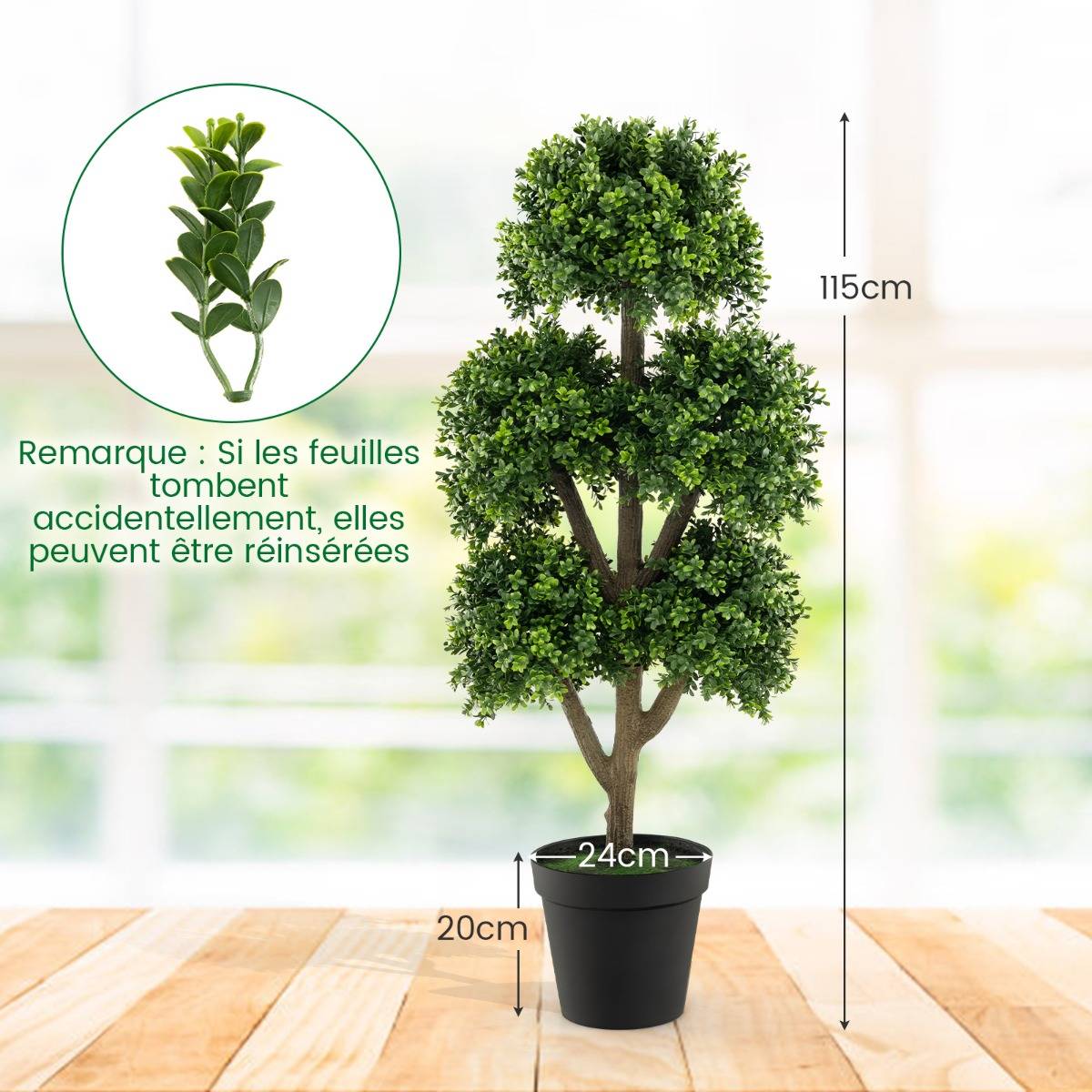 Arbre Topiaire en Buis Artificiel de 115 Cm Faux Arbre Topiaire à 5 Boules Dans un Pot Lesté Rempli de Ciment Faux Arbre Décoratif D'intérieur Vert - Image 9