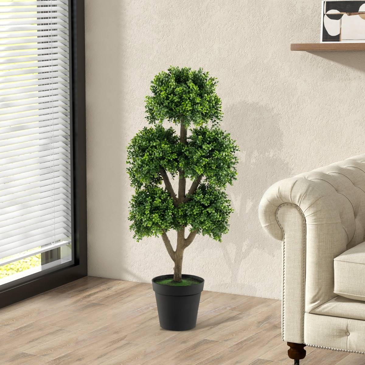 Arbre Topiaire en Buis Artificiel de 115 Cm Faux Arbre Topiaire à 5 Boules Dans un Pot Lesté Rempli de Ciment Faux Arbre Décoratif D'intérieur Vert - Image 2