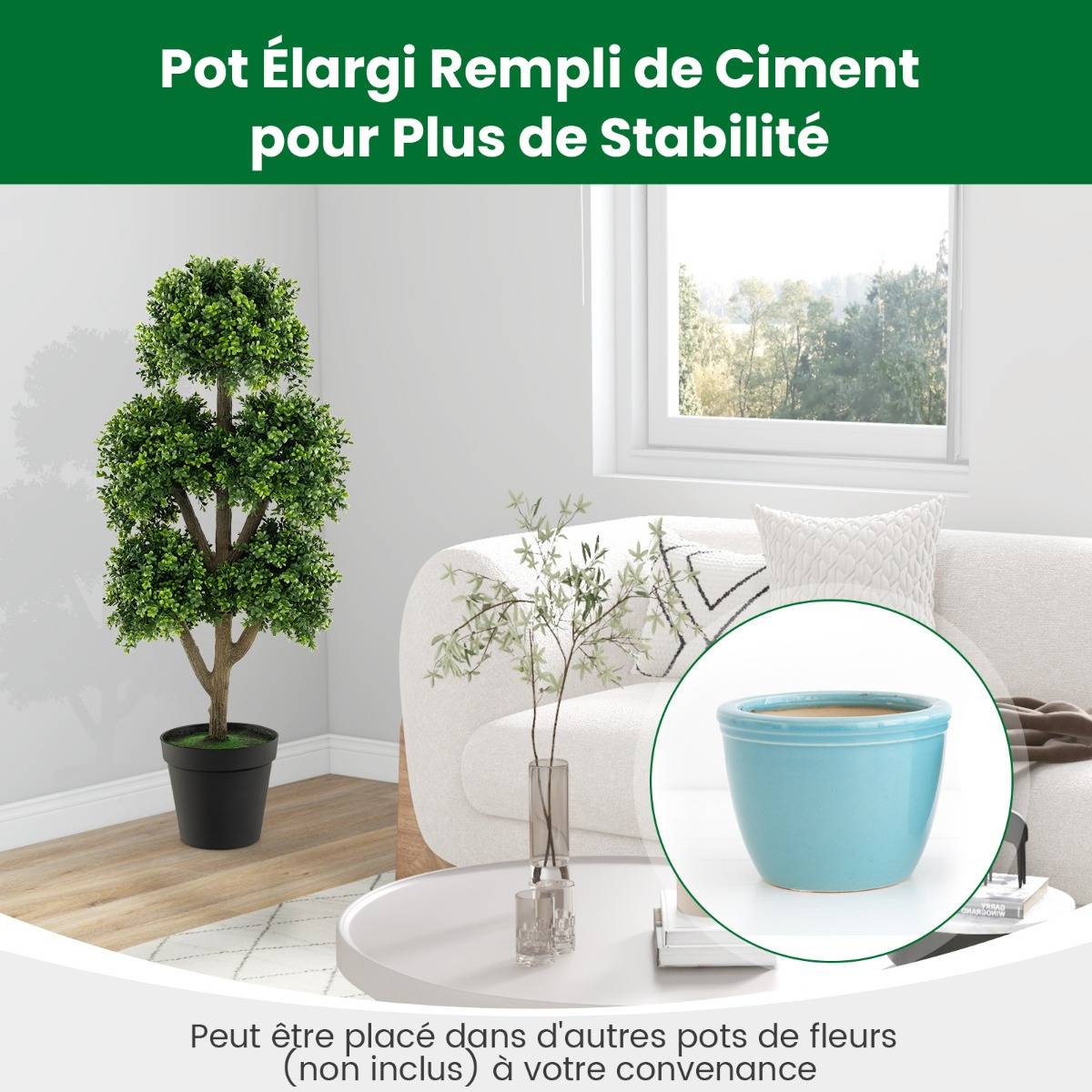 Arbre Topiaire en Buis Artificiel de 115 Cm Faux Arbre Topiaire à 5 Boules Dans un Pot Lesté Rempli de Ciment Faux Arbre Décoratif D'intérieur Vert - Image 6