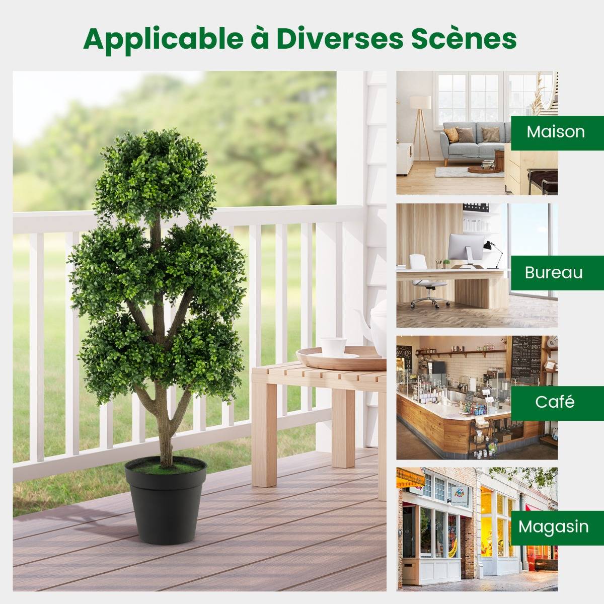 Arbre Topiaire en Buis Artificiel de 115 Cm Faux Arbre Topiaire à 5 Boules Dans un Pot Lesté Rempli de Ciment Faux Arbre Décoratif D'intérieur Vert - Image 8