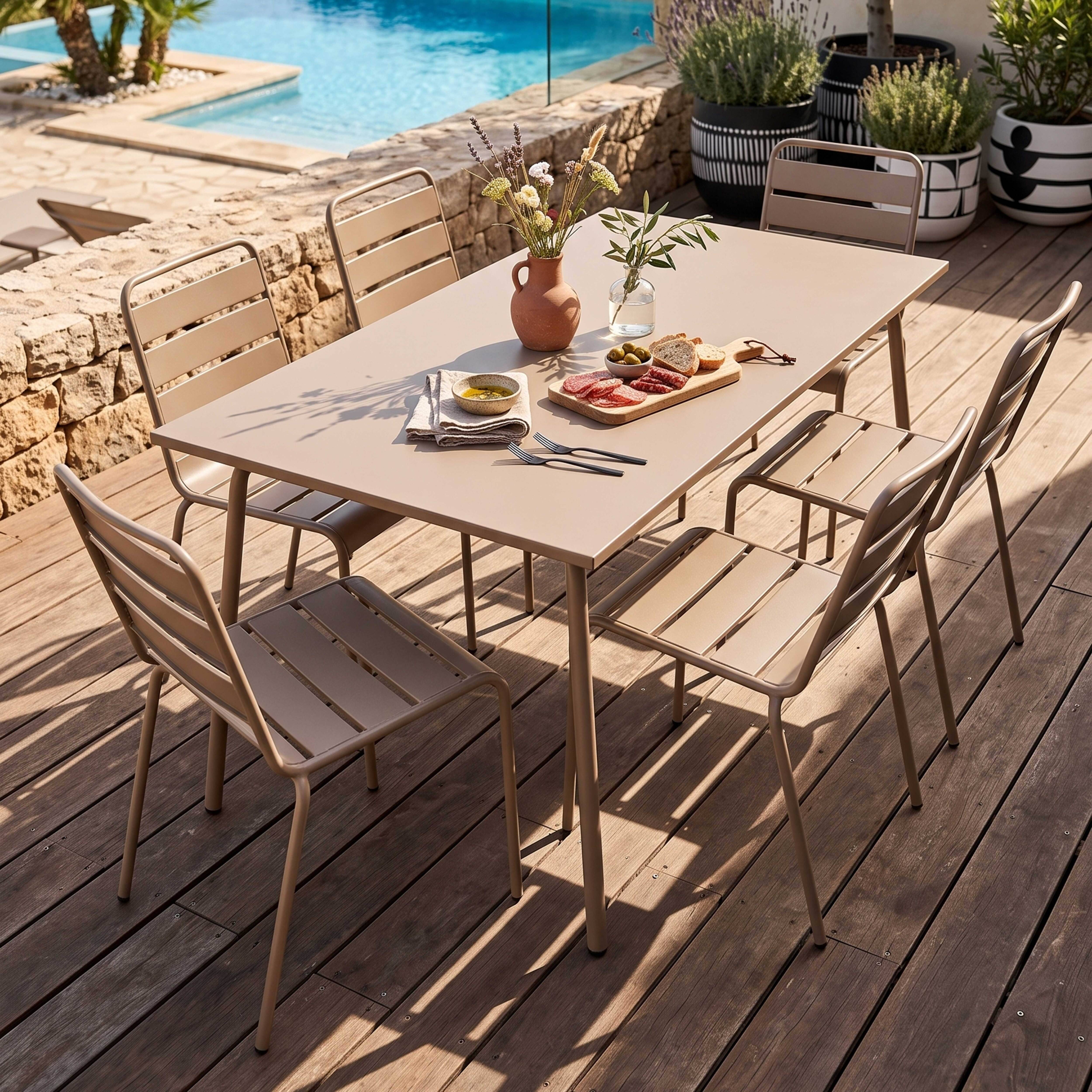 Oviala - Ensemble table de jardin et 6 chaises en métal taupe Palavas - Oviala - Imagen 2