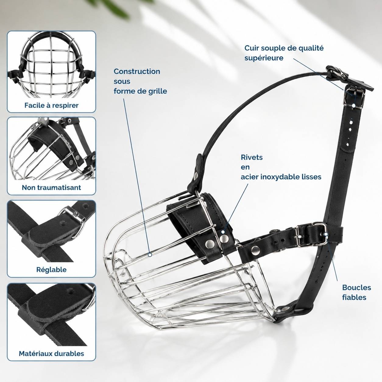 Panier Muselière Chien Grand Format Acier Cuir Réglable Protection Sécurité - Image 4