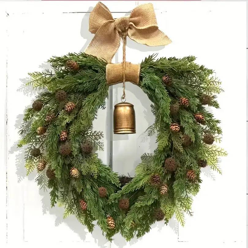Couronne de Noël rétro en pin de Norfolk avec cloches, couronne de cèdre artificiel de 50 cm, pour décoration de fêtes, couronnes de Noël - Image 1