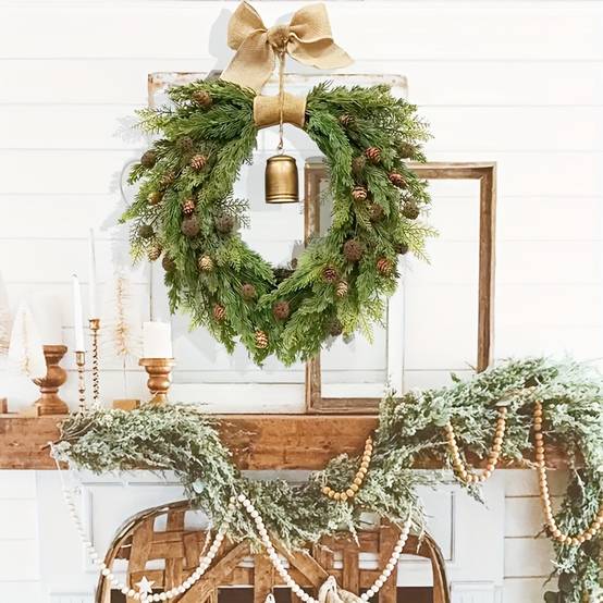 Couronne de Noël rétro en pin de Norfolk avec cloches, couronne de cèdre artificiel de 50 cm, pour décoration de fêtes, couronnes de Noël - Image 3
