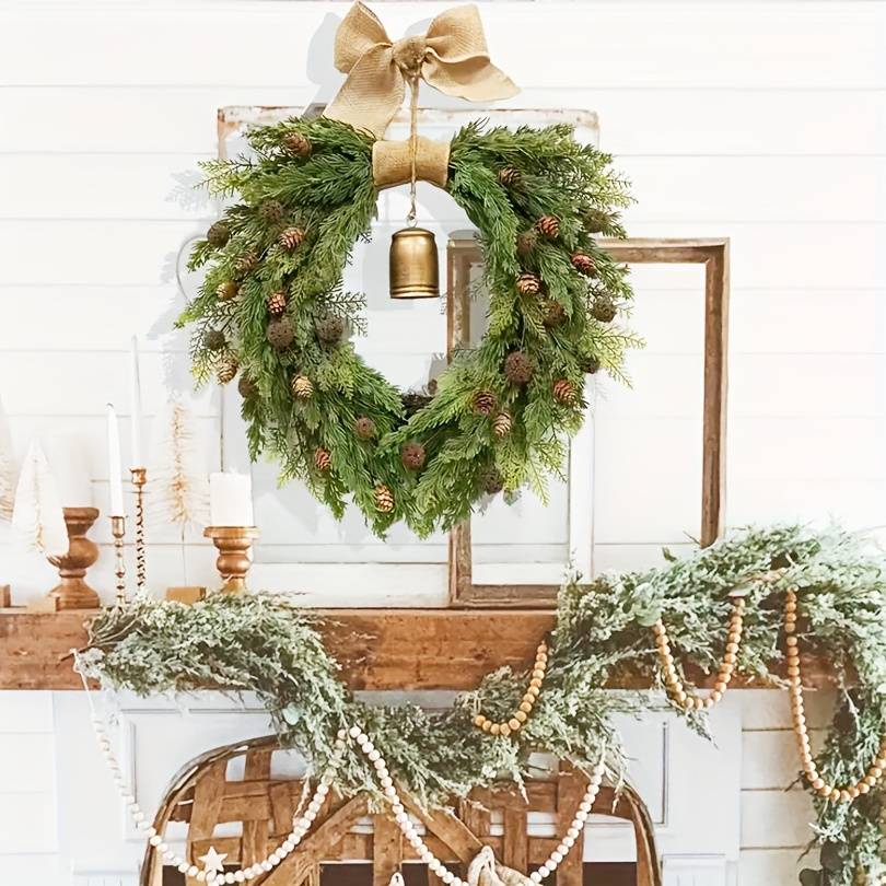 Couronne de Noël rétro en pin de Norfolk avec cloches, couronne de cèdre artificiel de 50 cm, pour décoration de fêtes, couronnes de Noël - Image 3