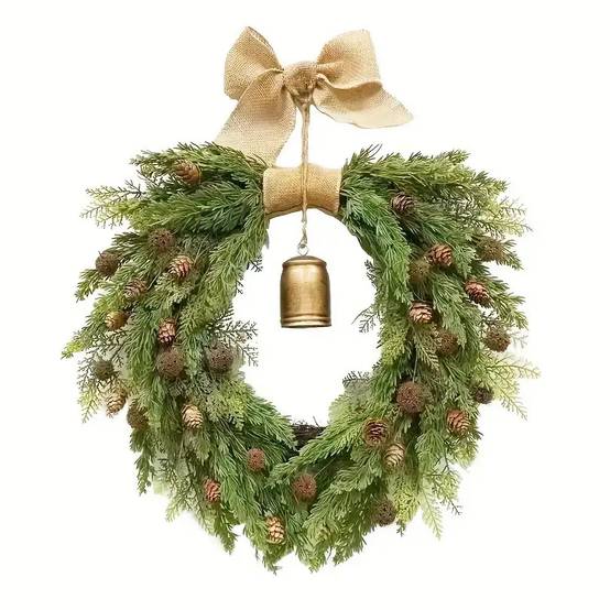 Couronne de Noël rétro en pin de Norfolk avec cloches, couronne de cèdre artificiel de 50 cm, pour décoration de fêtes, couronnes de Noël - Image 6