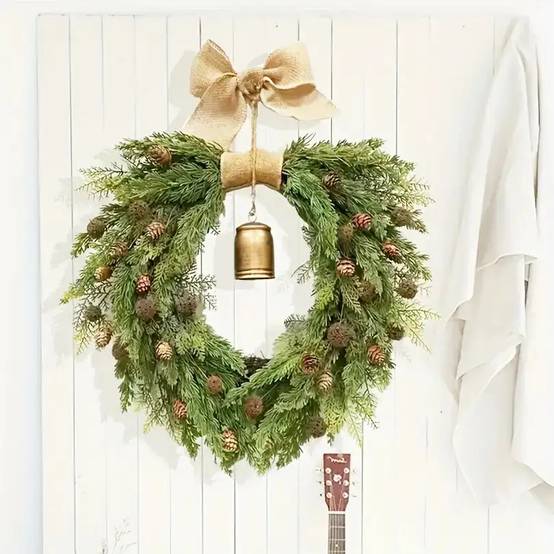 Couronne de Noël rétro en pin de Norfolk avec cloches, couronne de cèdre artificiel de 50 cm, pour décoration de fêtes, couronnes de Noël - Image 7