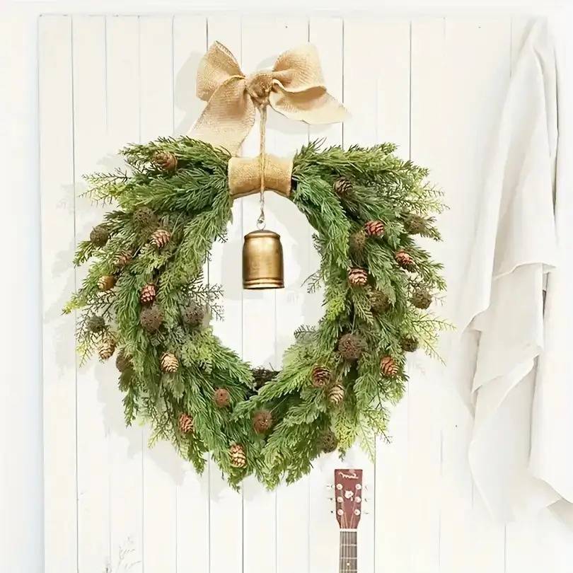Couronne de Noël rétro en pin de Norfolk avec cloches, couronne de cèdre artificiel de 50 cm, pour décoration de fêtes, couronnes de Noël - Image 7