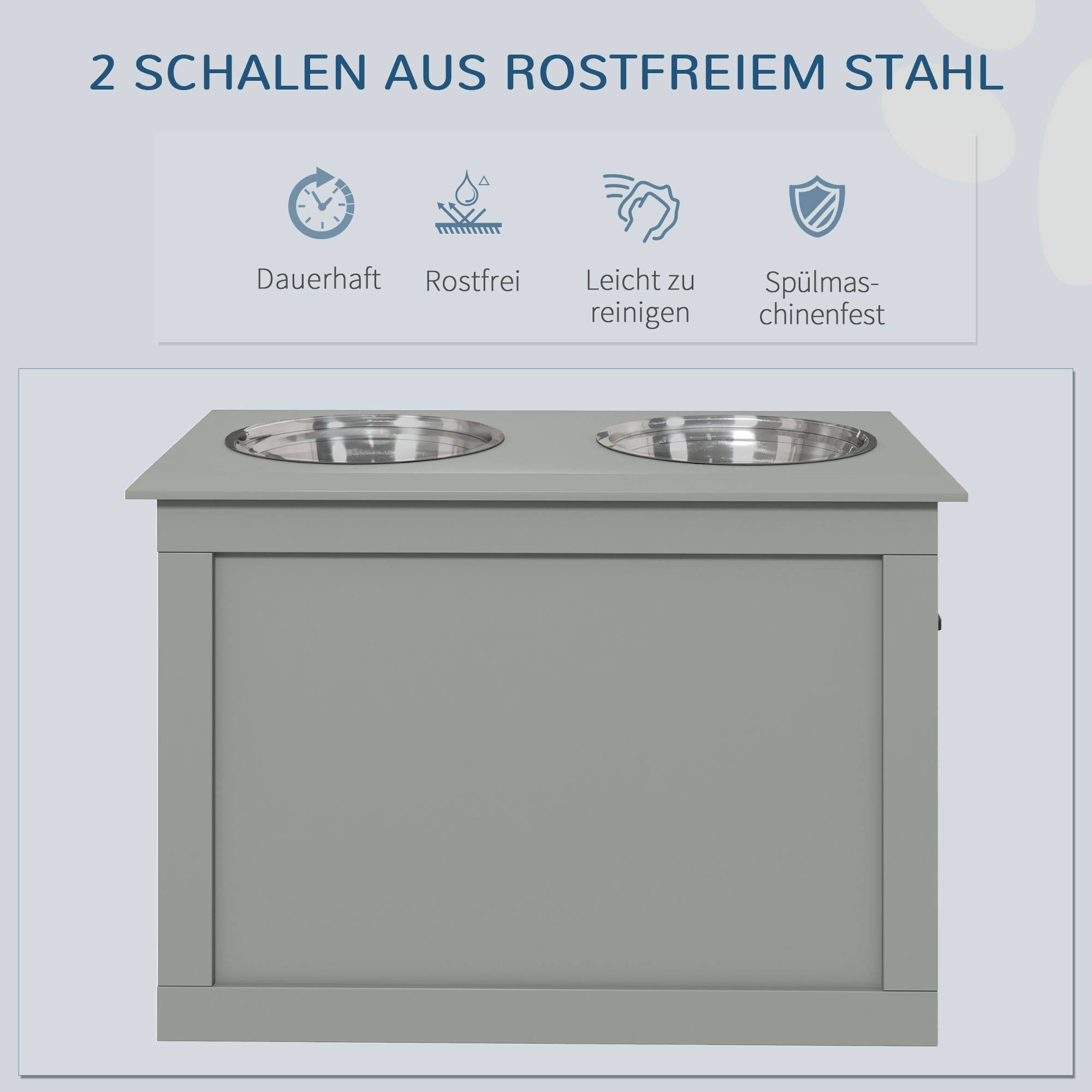 ComfortXL - Station repas chien surélevée MDF gris 60 x 30 x 41 cm 2 gamelles inox amovibles avec rangement intégré - Image 5