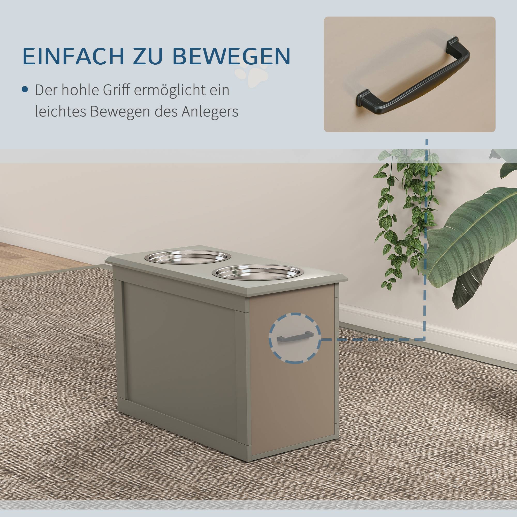ComfortXL - Station repas chien surélevée MDF gris 60 x 30 x 41 cm 2 gamelles inox amovibles avec rangement intégré - Image 7