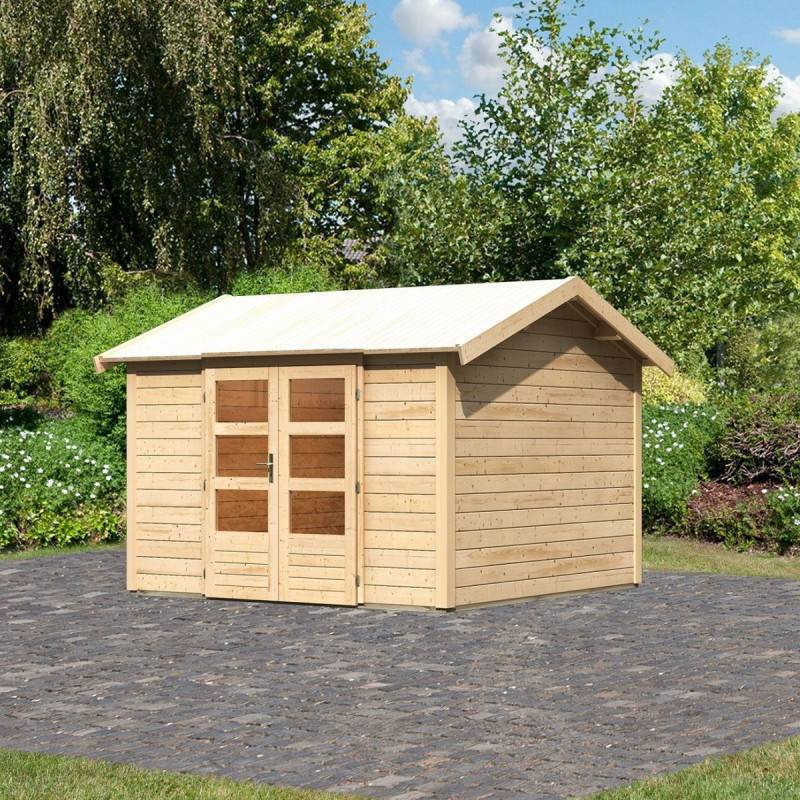 Abri de jardin bois épicéa 9,24m² double pente avec embase autoclave Karibu Theres 7 marron