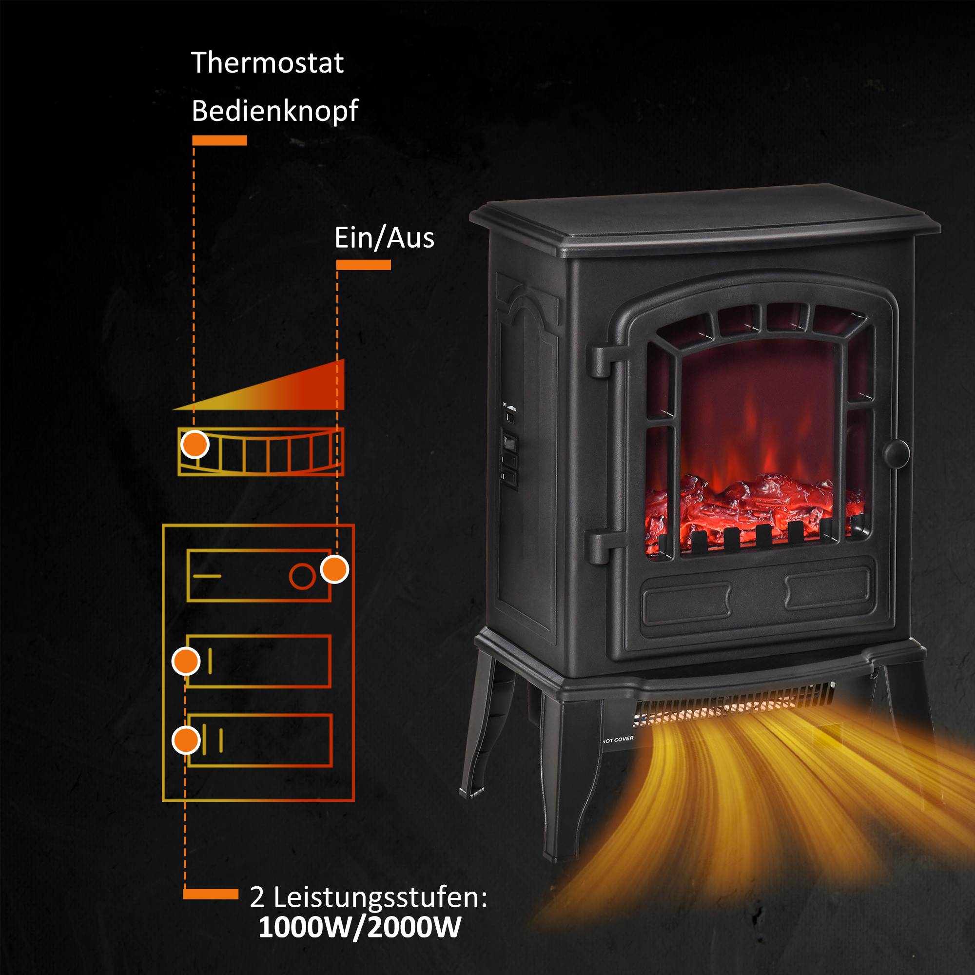 Cheminée électrique au sol, 2 niveaux de chauffage, effet de flamme réaliste, polyvalente - Image 7