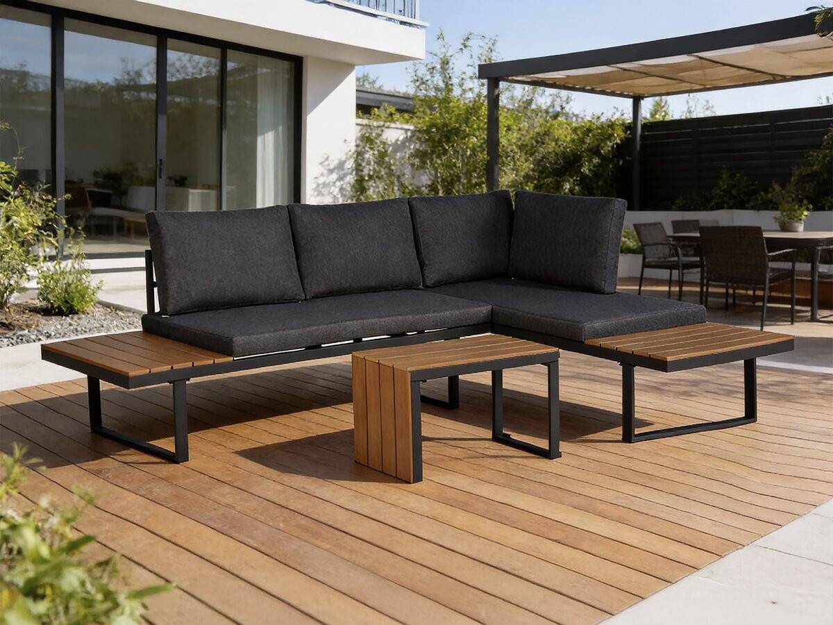 Salon De Jardin Canapé D'angle Modulable Décor Imitation Bois "sylva" - 4 Places - Gris -habitat Et Jardin - Image 2