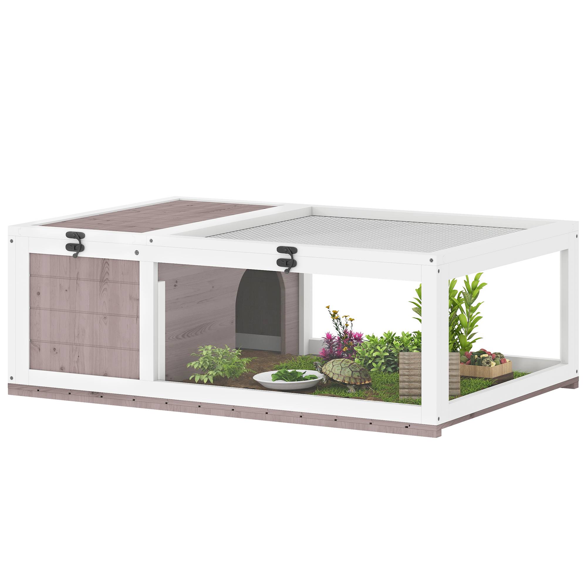 Enclos/maison en bois pour tortues, avec abris principaux et toit à charnières, 91 x 60,5 x 32 cm, marron