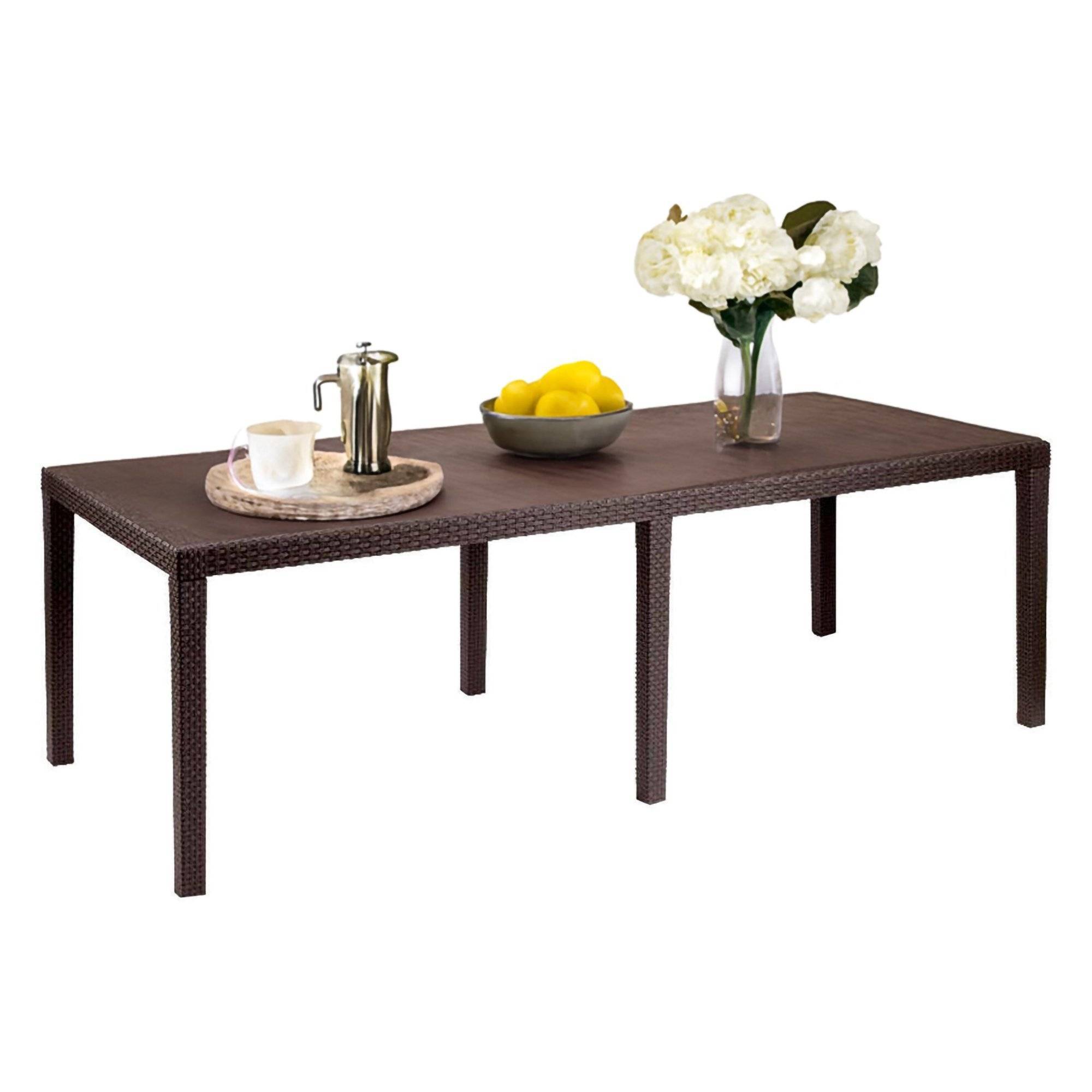 Dmora - Table d'extérieur Roma, Etagère à manger rectangulaire extensible, Table de jardin extensible effet rotin, 150/220x90h72 cm, Marron - Dmora - Imagen 1