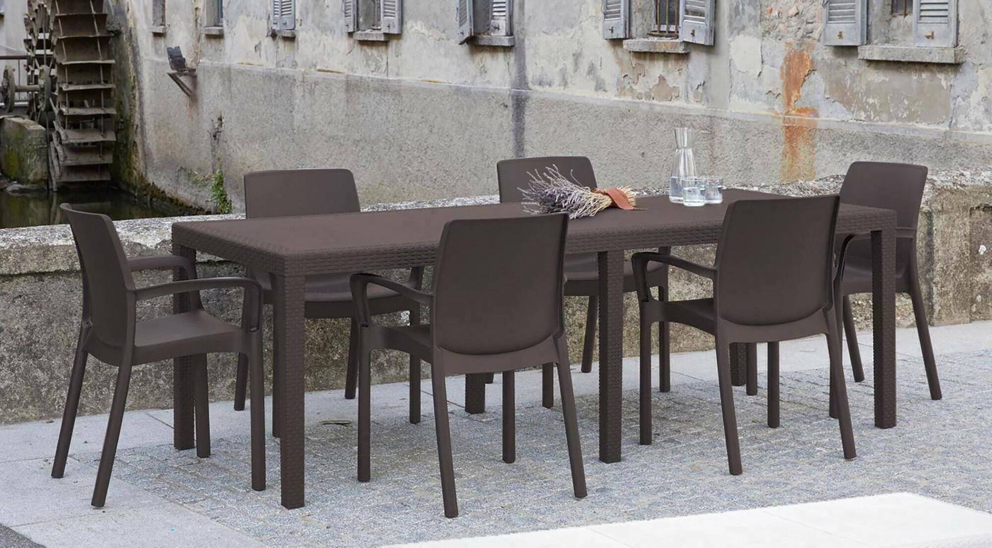 Dmora - Table d'extérieur Roma, Etagère à manger rectangulaire extensible, Table de jardin extensible effet rotin, 150/220x90h72 cm, Marron - Dmora - Imagen 9