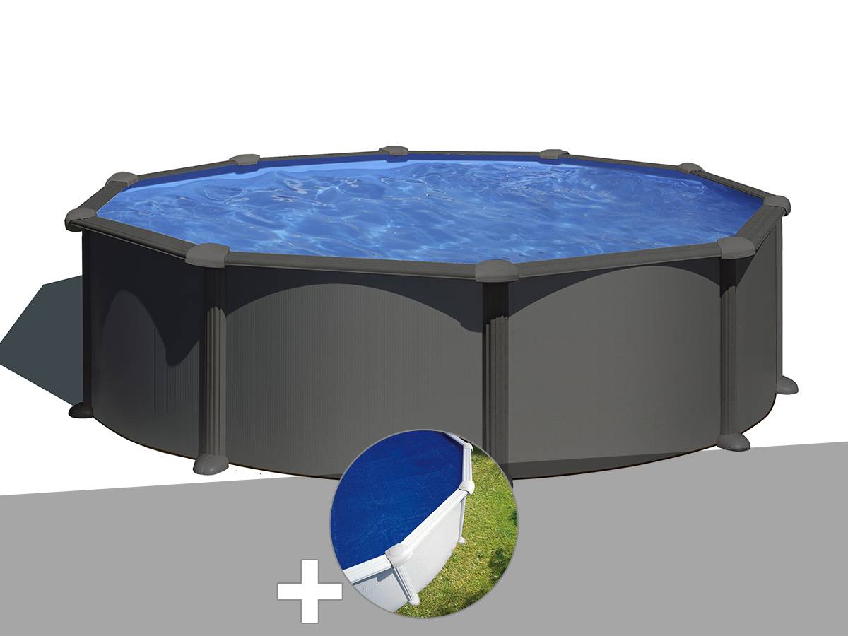 Gré - Kit piscine acier gris anthracite Gré Juni ronde 4,80 x 1,32 m + Bâche à bulles