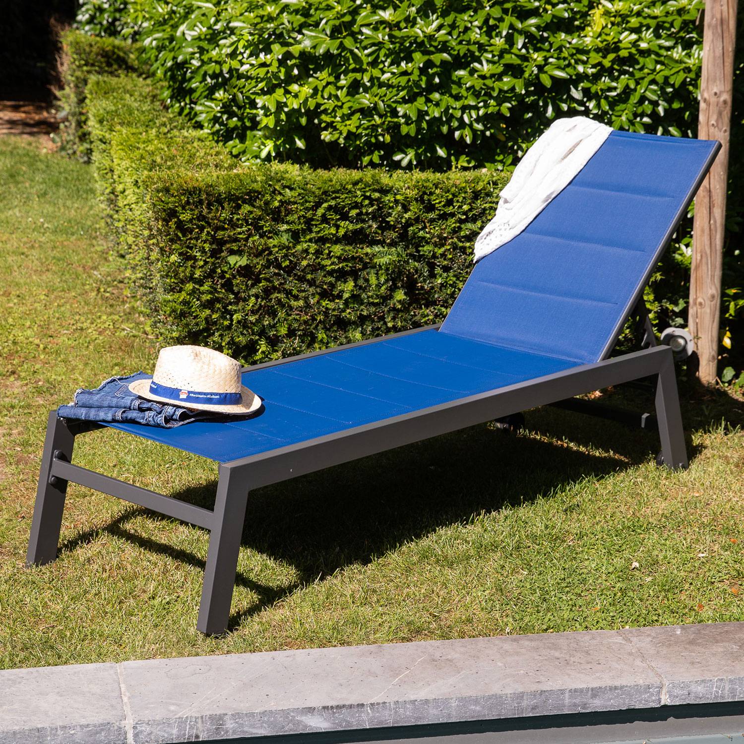 Happy Garden - Bain de soleil BARBADOS en textilène bleu foncé - aluminium anthracite - HAPPY GARDEN - Imagen 2