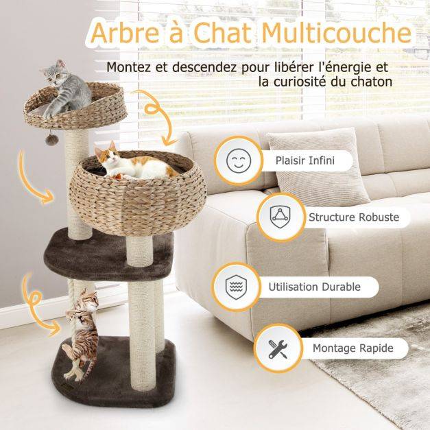 Helloshop26 - Arbre à chat 45 x 45 x 104 cm avec pompon suspendu corde et griffoirs enveloppés de sisal naturel pour chat/chaton - Imagen 4