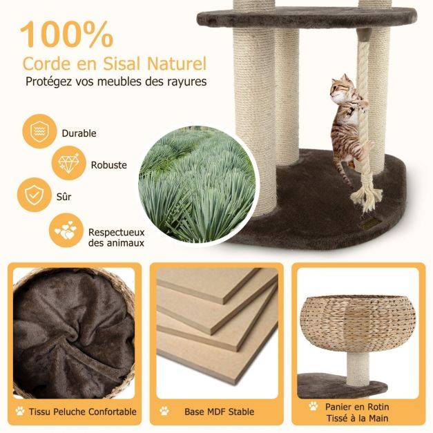 Helloshop26 - Arbre à chat 45 x 45 x 104 cm avec pompon suspendu corde et griffoirs enveloppés de sisal naturel pour chat/chaton - Imagen 3