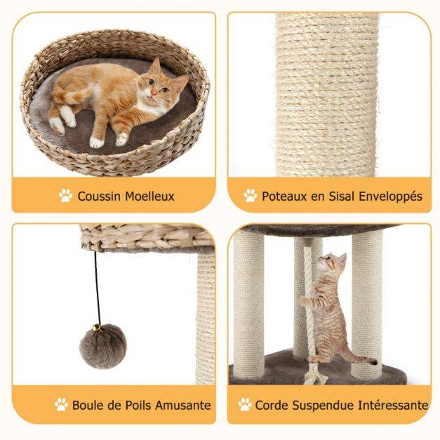 Helloshop26 - Arbre à chat 45 x 45 x 104 cm avec pompon suspendu corde et griffoirs enveloppés de sisal naturel pour chat/chaton - Imagen 2