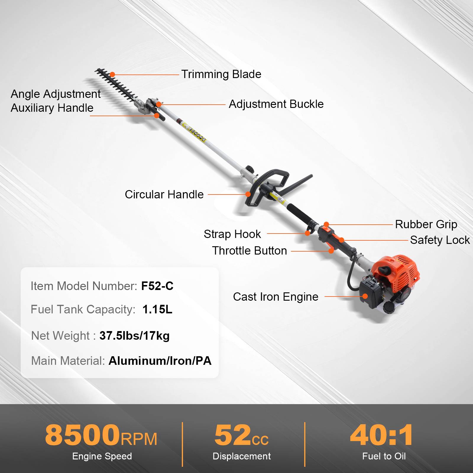 VEVOR Outils coupe 6 en 1, taille-haie gaz 52CC, désherbeur, scie, tronçonneuse, pour élagage. - Image 7