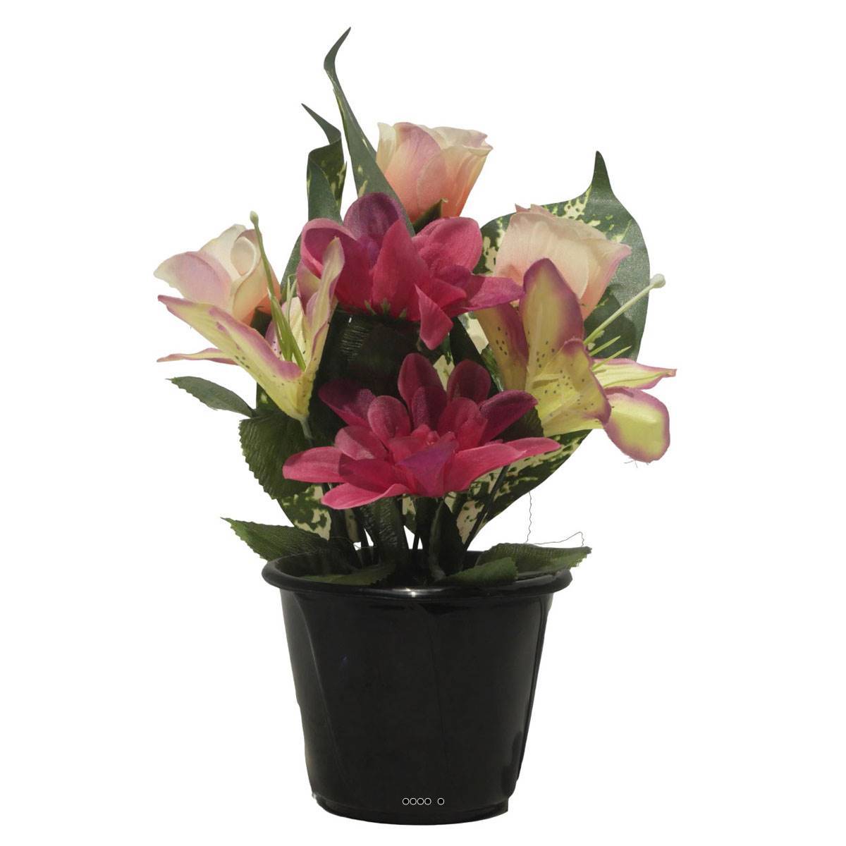 Artificielles - Pot pour la Tombe de Dahlias, Lys tigrés et Boutons de Rose artificiels Rose -Fuschia - couleur: Rose -Fuschia 725 - Imagen 2