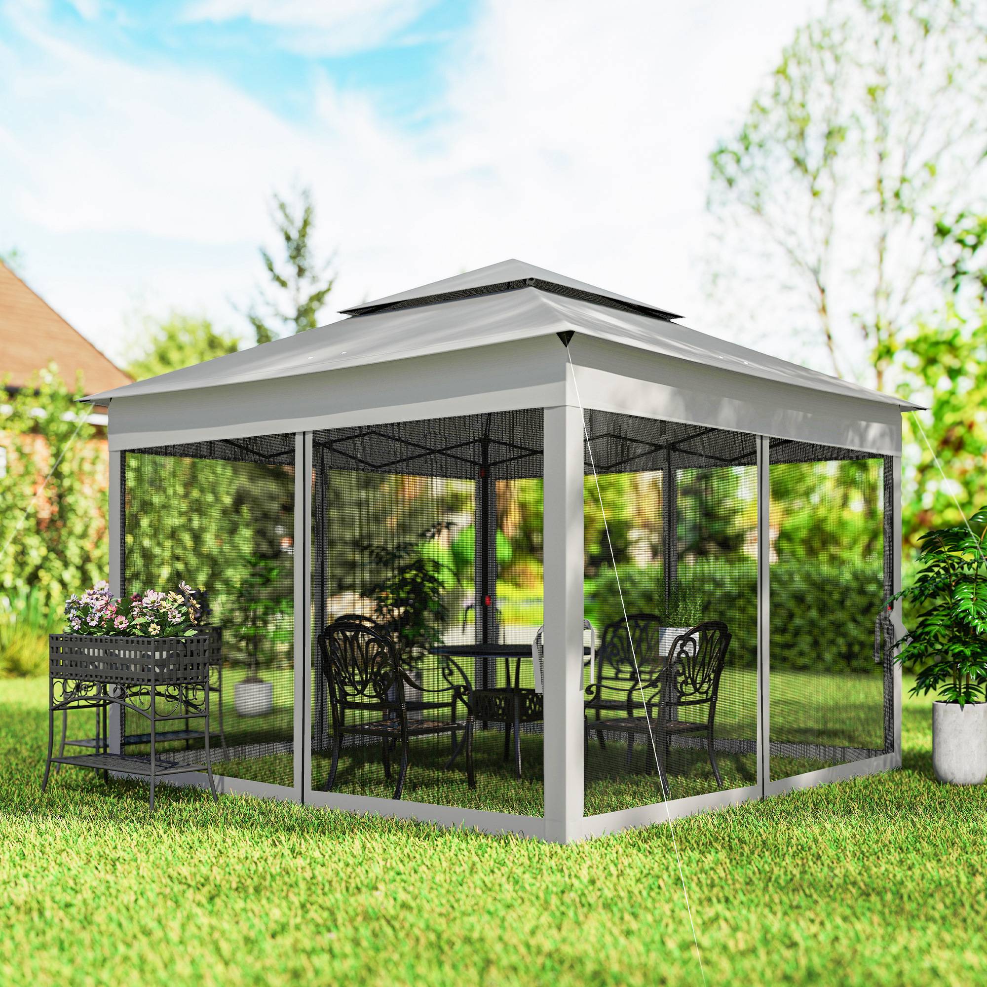 ComfortXL - Tonnelle pliante métal avec moustiquaires pour jardin toit double 3,25 x 3,25 m gris clair - ComfortXL Outdoor Living - Image 4