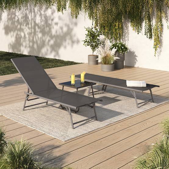 Lot de 2 transats de jardin inclinables KAILUA en acier gris anthracite et toile grise - Image 1