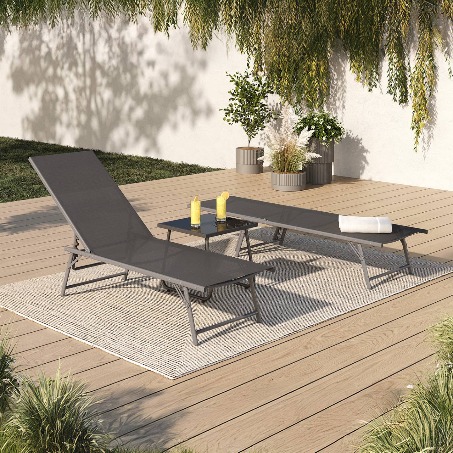Lot de 2 transats de jardin inclinables KAILUA en acier gris anthracite et toile grise - Image 1