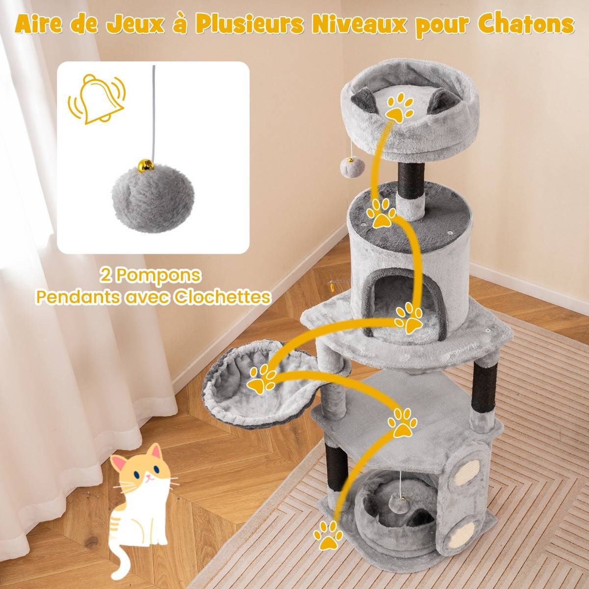 Maison Chic - Grand Arbre à Chat à Plusieurs Niveaux Poteaux et Planche à Gratter Jouets Suspendus Hamac Gris - Image 6