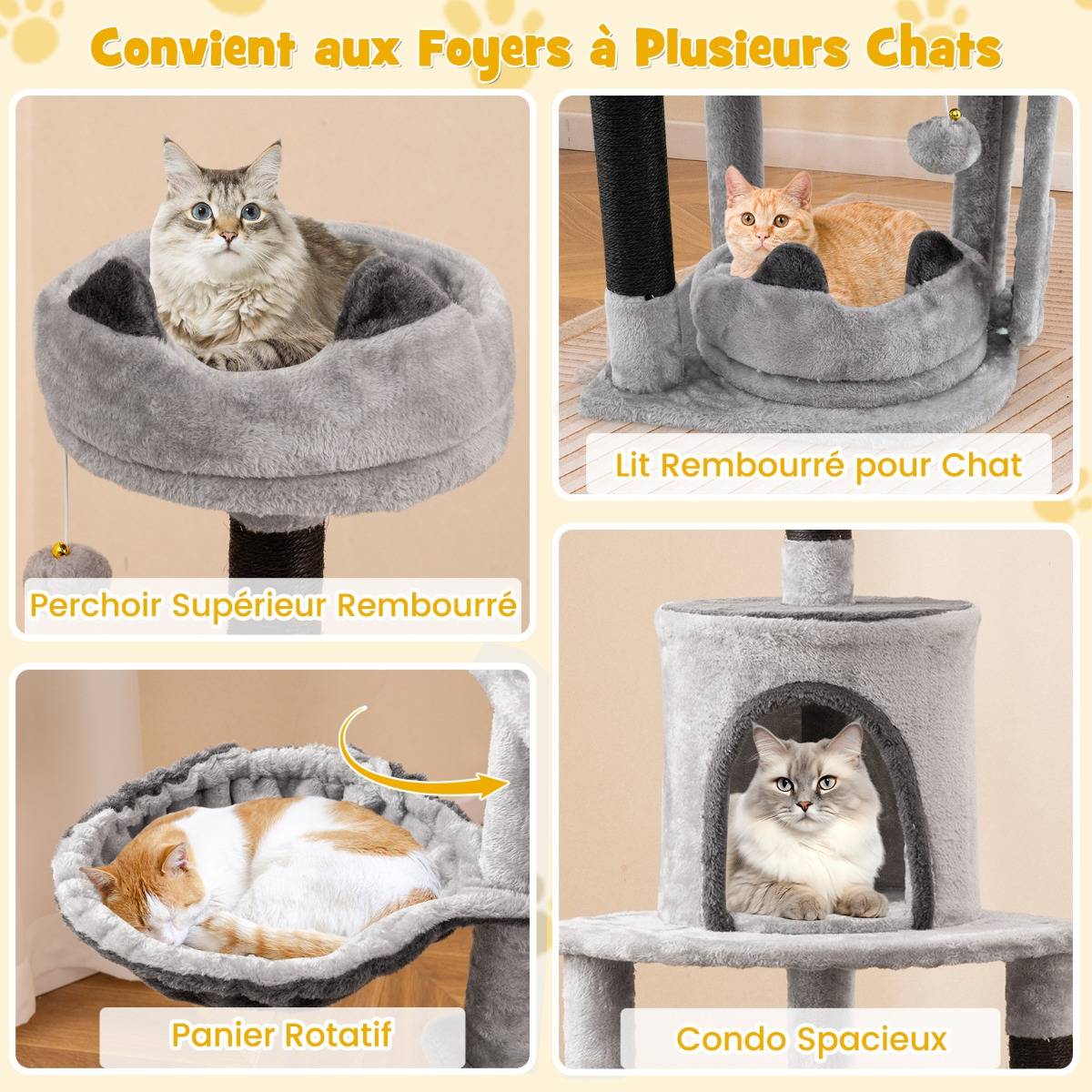Maison Chic - Grand Arbre à Chat à Plusieurs Niveaux Poteaux et Planche à Gratter Jouets Suspendus Hamac Gris - Image 4