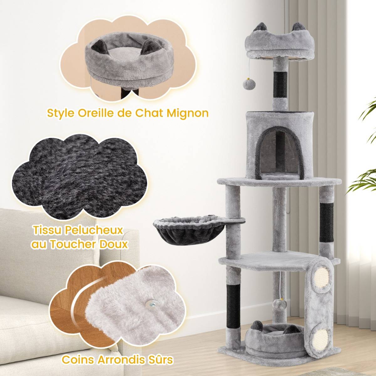 Maison Chic - Grand Arbre à Chat à Plusieurs Niveaux Poteaux et Planche à Gratter Jouets Suspendus Hamac Gris - Image 5