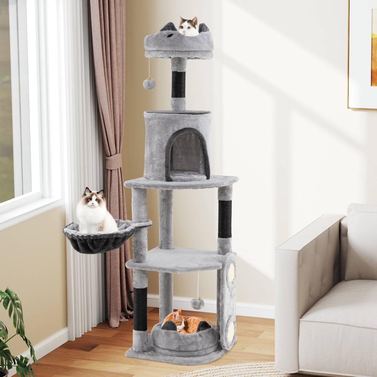 Maison Chic - Grand Arbre à Chat à Plusieurs Niveaux Poteaux et Planche à Gratter Jouets Suspendus Hamac Gris - Image 3